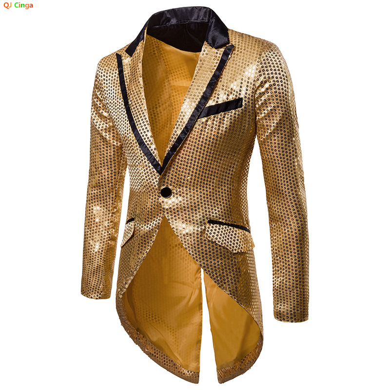 Gold V-Ausschnitt Langarm Smoking Herren, TV Performance Magic lange Jacke glänzende Pailletten Dekoration rot blau schwarz Blazer S-XXL