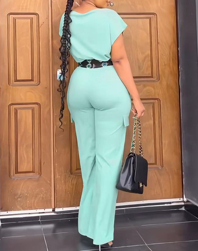 ツーピースセット女性衣装 2023 夏のファッション幾何学プリントボートネック半袖クロップトップ & カジュアルポケットデイリーパンツセット