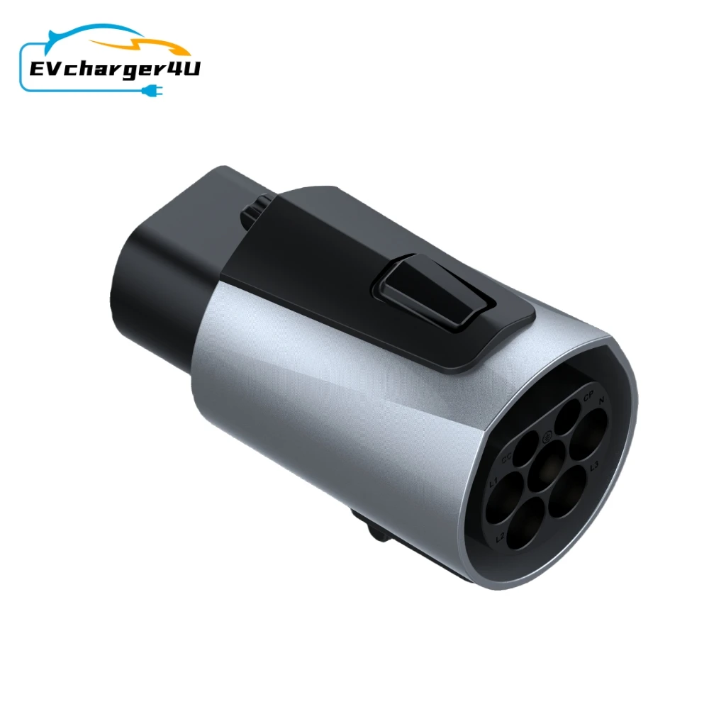 Evcharger4u iec62196 tipo 2 para gbt ev adaptador trifásico 32a 22kw com hock duplo para marca chinesa ev conversor adaptador de carregamento