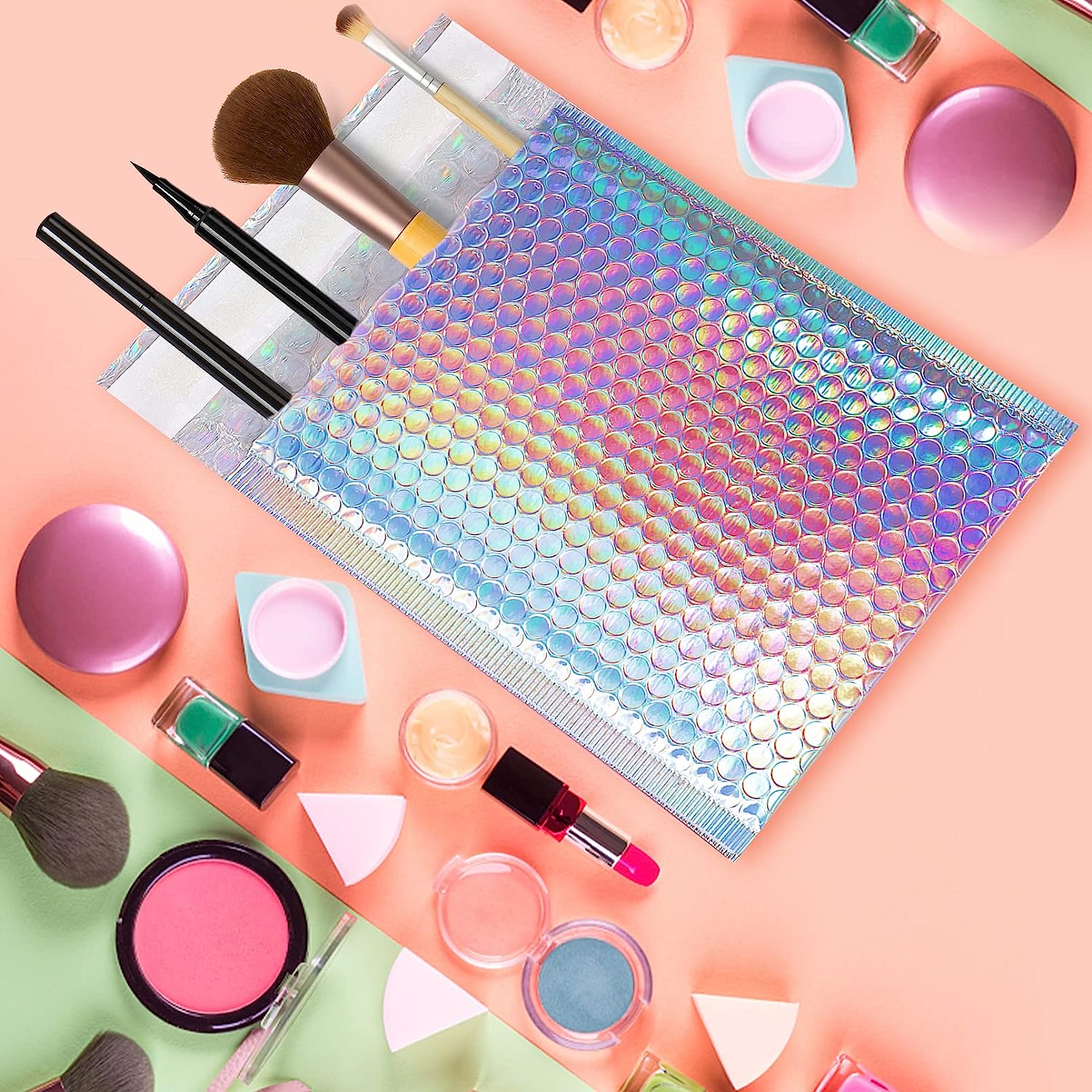 100 個ホログラフィックレーザーシルバーバブルメーラー封筒防水宅配袋パッド入りバブル封筒包装袋配送用