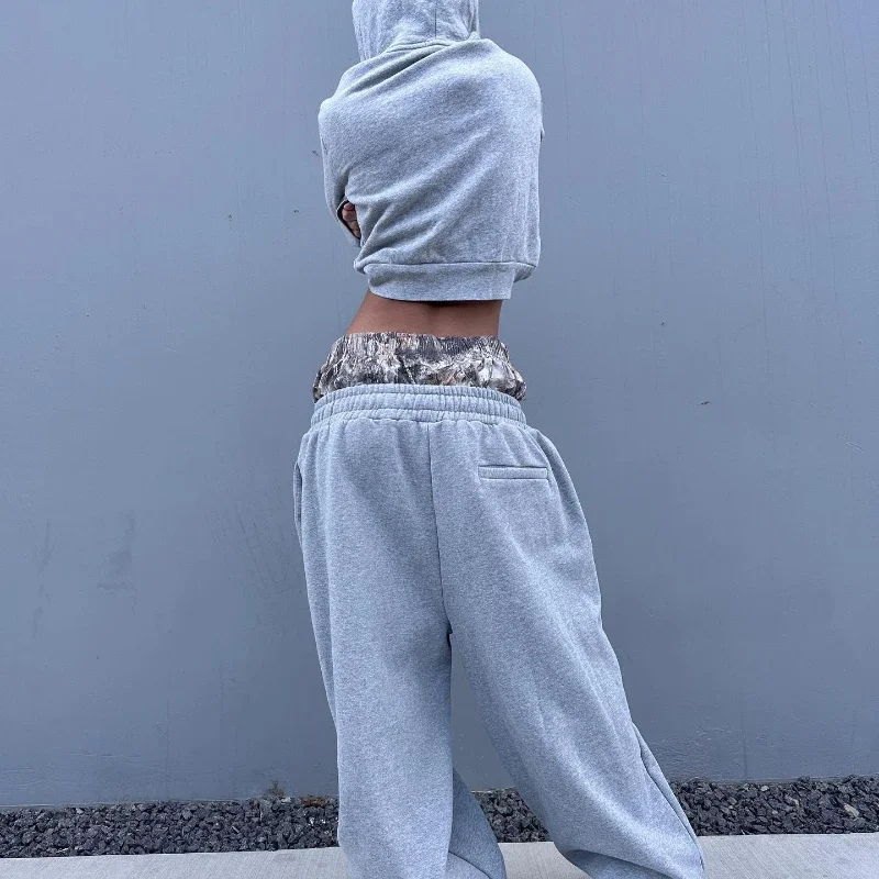 Y2K Retro Sweatpantsคู่เอวปักลายพรางกางเกงขากว้างผู้ชายแนวโน้มสบายๆStreetwear Unisex Baggyกางเกง
