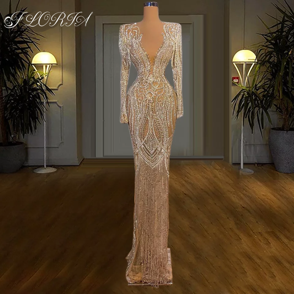 Robe de mariée Sparkly Beaded Crystals Evening Dress Elegant Deep V Neck Sequin Prom Gowns Couture Formal Occasion Dresses 2023