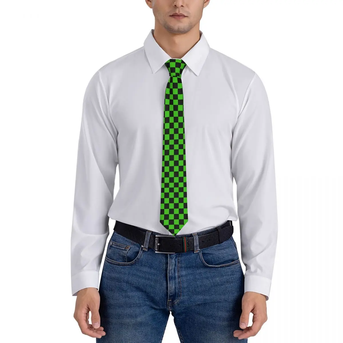 Custom Checkered Pattern เนคไทผู้ชาย Mens Suit Tie สีเขียวสีดํา Checkerboard สําหรับวันขอบคุณพระเจ้า
