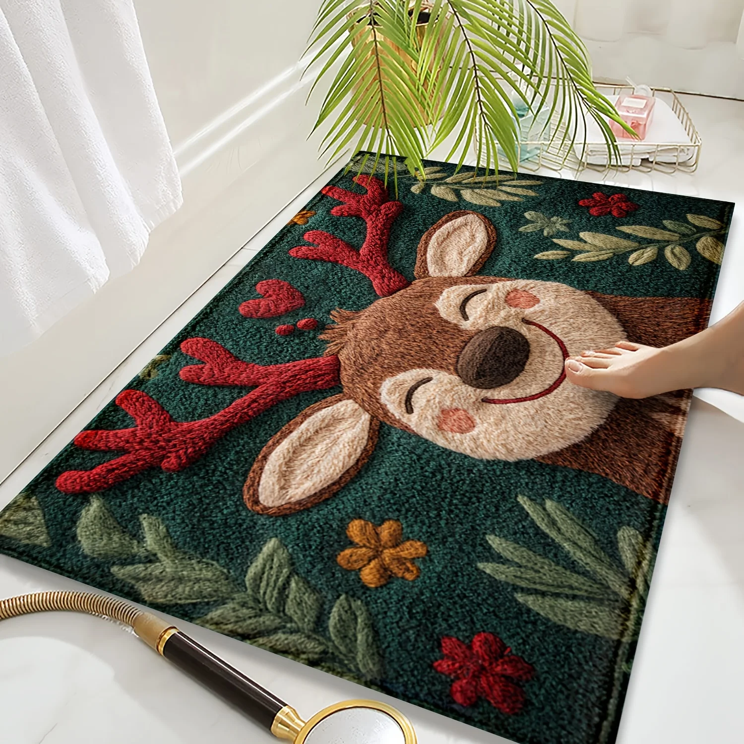 1 tappetino da bagno soffice in microfibra con cervo natalizio, ad asciugatura rapida e assorbente, design festivo con bacche rosse e foglie verdi