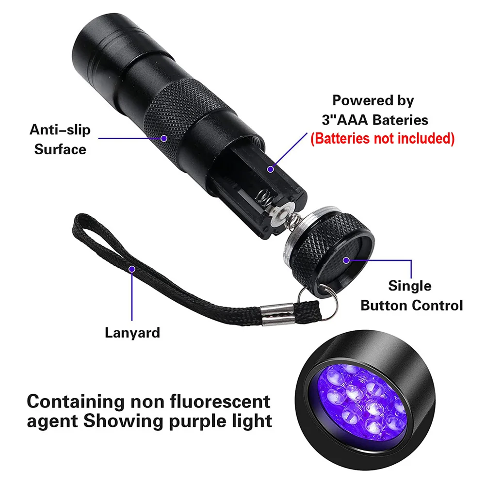 UV Handheld Waterproof Blacklight Flashlights 12 Led 395nm Mini Light Torch Detector for Pets Urine Stains Black Light UV Lamp