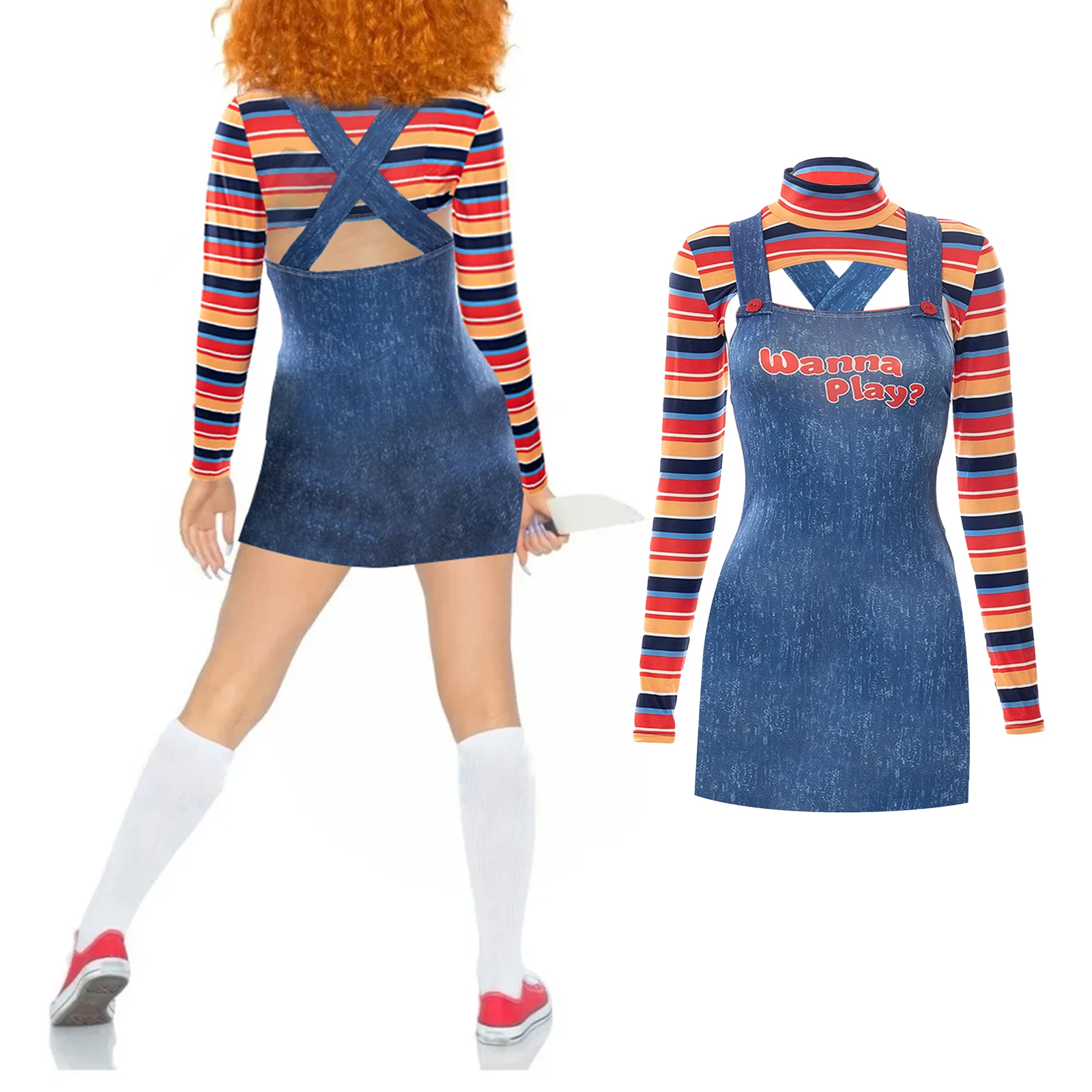 Combhasaki-2-piece vestido gótico para mulheres, traje de halloween, traje de halloween, boneca assassina assustadora, manga longa arco-íris top, saia conjunto