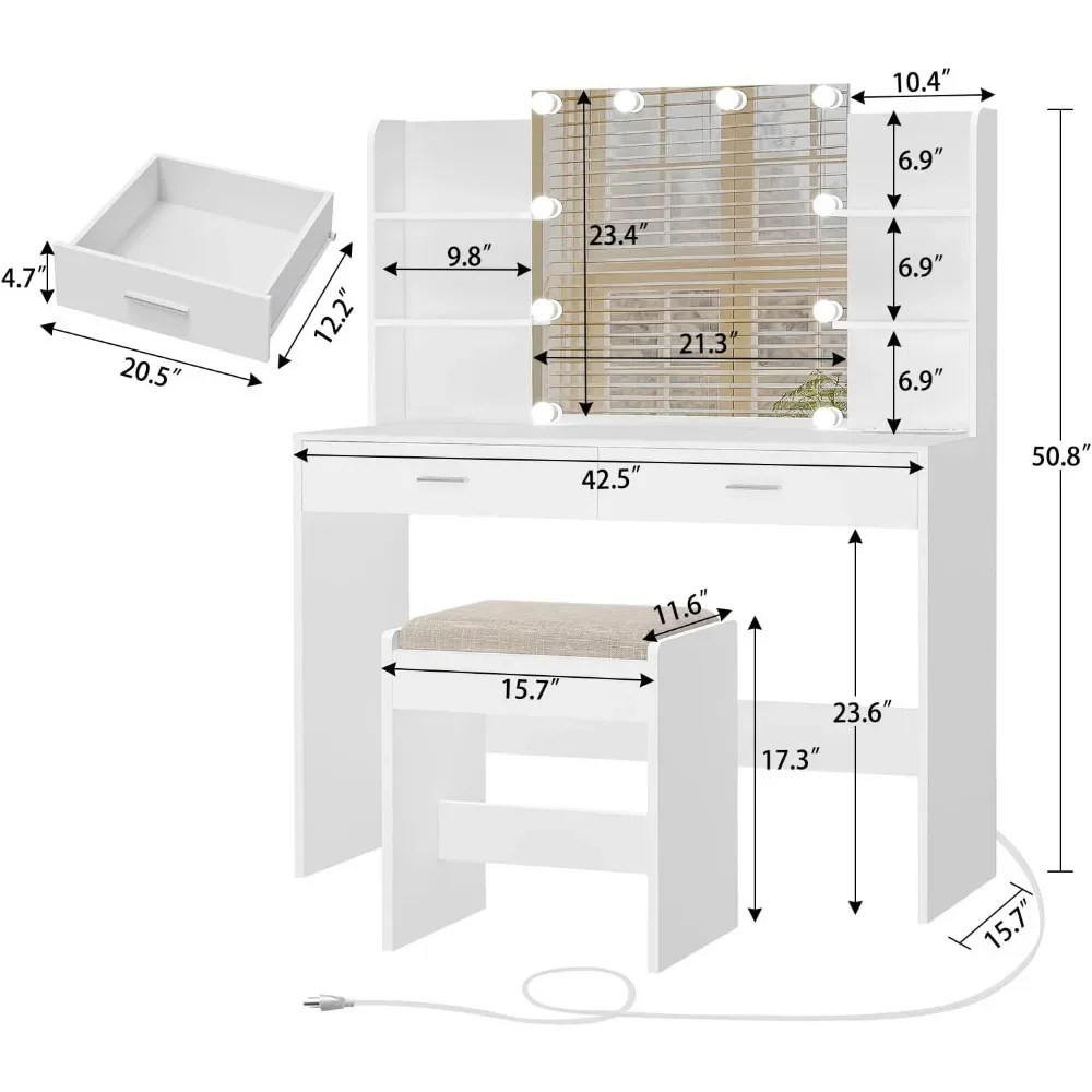 Vanity Desk, Makeup Vanity Desk with Mirror & Lights, Vanity Desk with 2 Drawers & 6 Storage Shelves, Dressing Table with Power