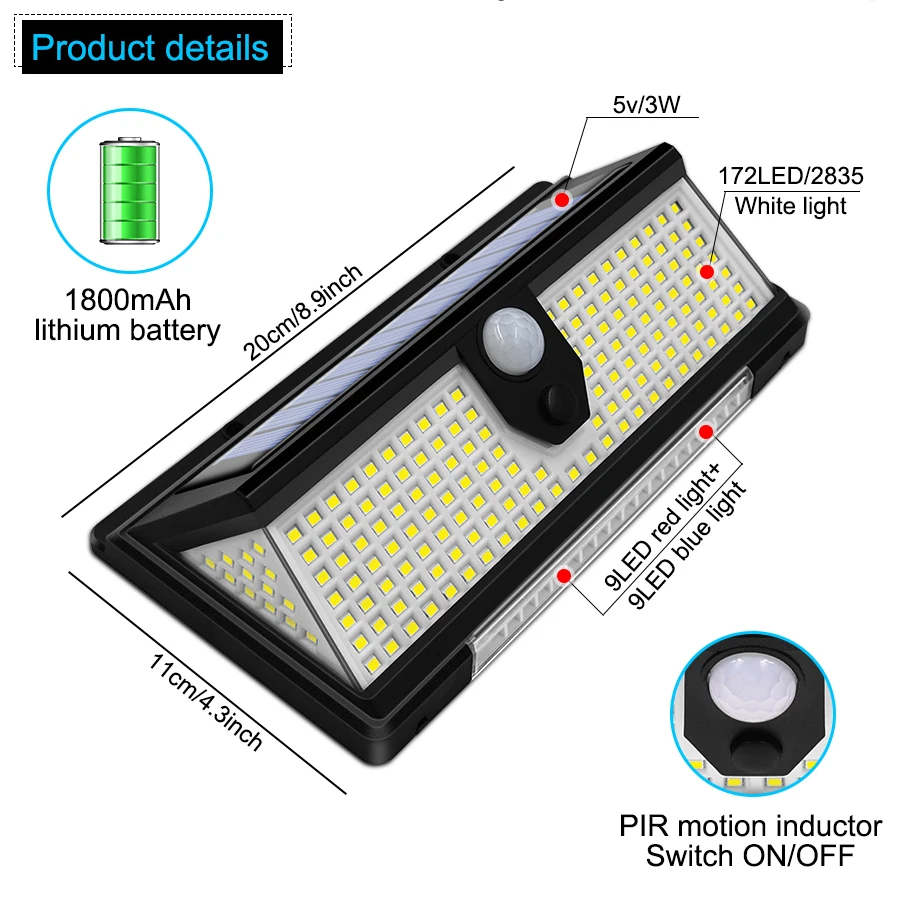 Lampa solarna LED 190 LED do ogrodu, dekoracja ścienna z 4 trybami, wodoodporna IP65, z czujnikiem ruchu, do podwórka, nad drzwi.