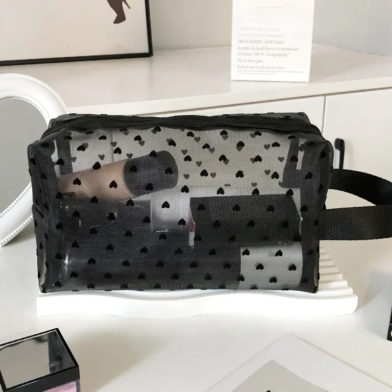 Liebe Druck Mesh Kosmetik Tasche Tragbare Kulturbeutel Organizer Make-Up Tasche Multifunktions Transparent Frauen Lippenstift Lagerung Beutel
