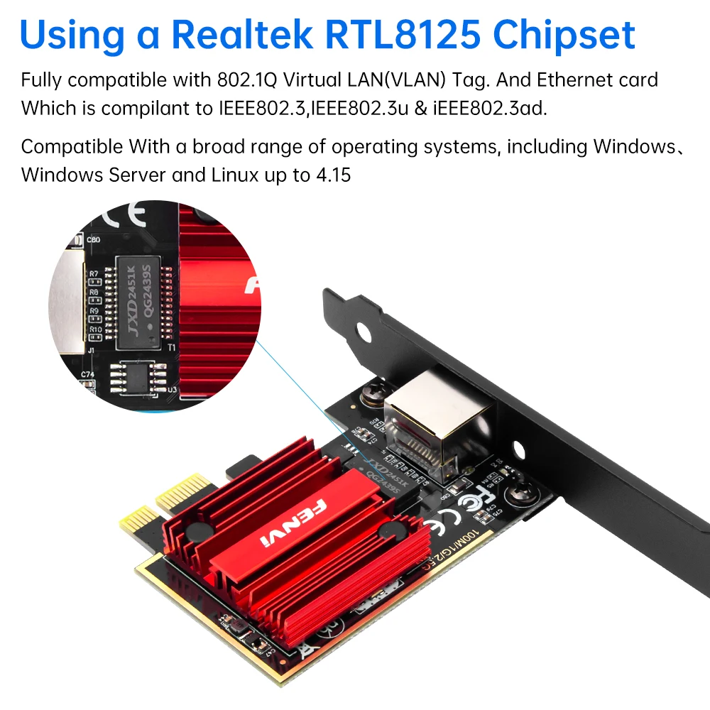 FENVI 2.5G PCI-E To RJ45 Network Card RTL8125B Chip 100/1000Mbps 2.5Gbps Ethernet Wired LAN Controller Adapter For Win7/8/10/11