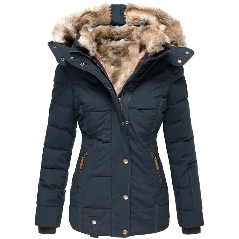 Abrigo de algodón con cuello de lana cálido de invierno Abrigo de algodón con capucha ajustado de manga larga con cremallera para mujer