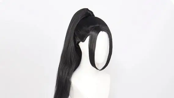 Peruca longa cosplay preta com rabo de cavalo removível para mulheres, cabelo sintético, resistente ao calor, Halloween