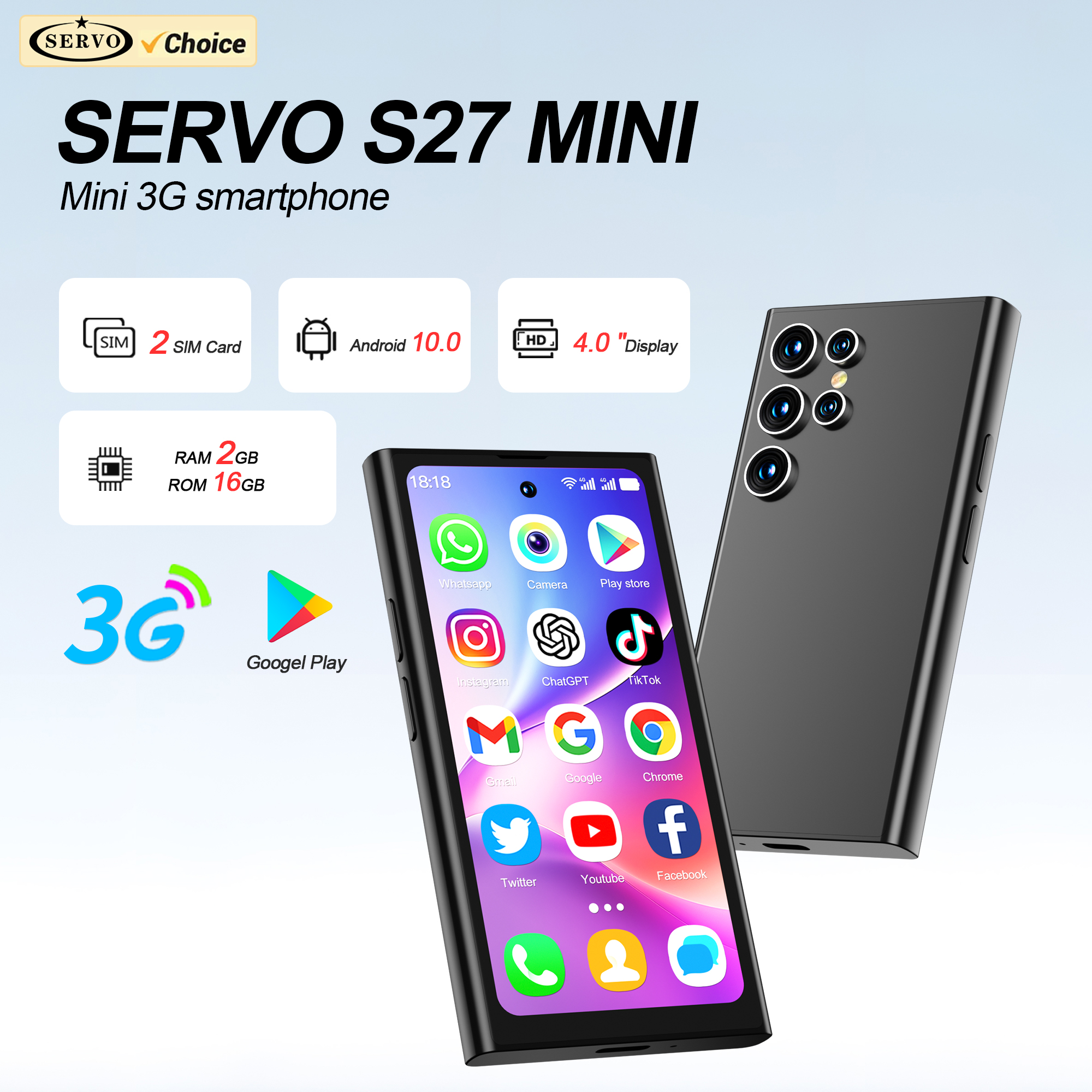 SERVO -Mini Smartphone Android S27, Petit Smartphone, 3G, WCDMA, 16 Go, Dean Play, PRWiFi, Déverrouillage du visage, 4.0 ", Téléphone portable mignon, Touristes, EpiStandby
