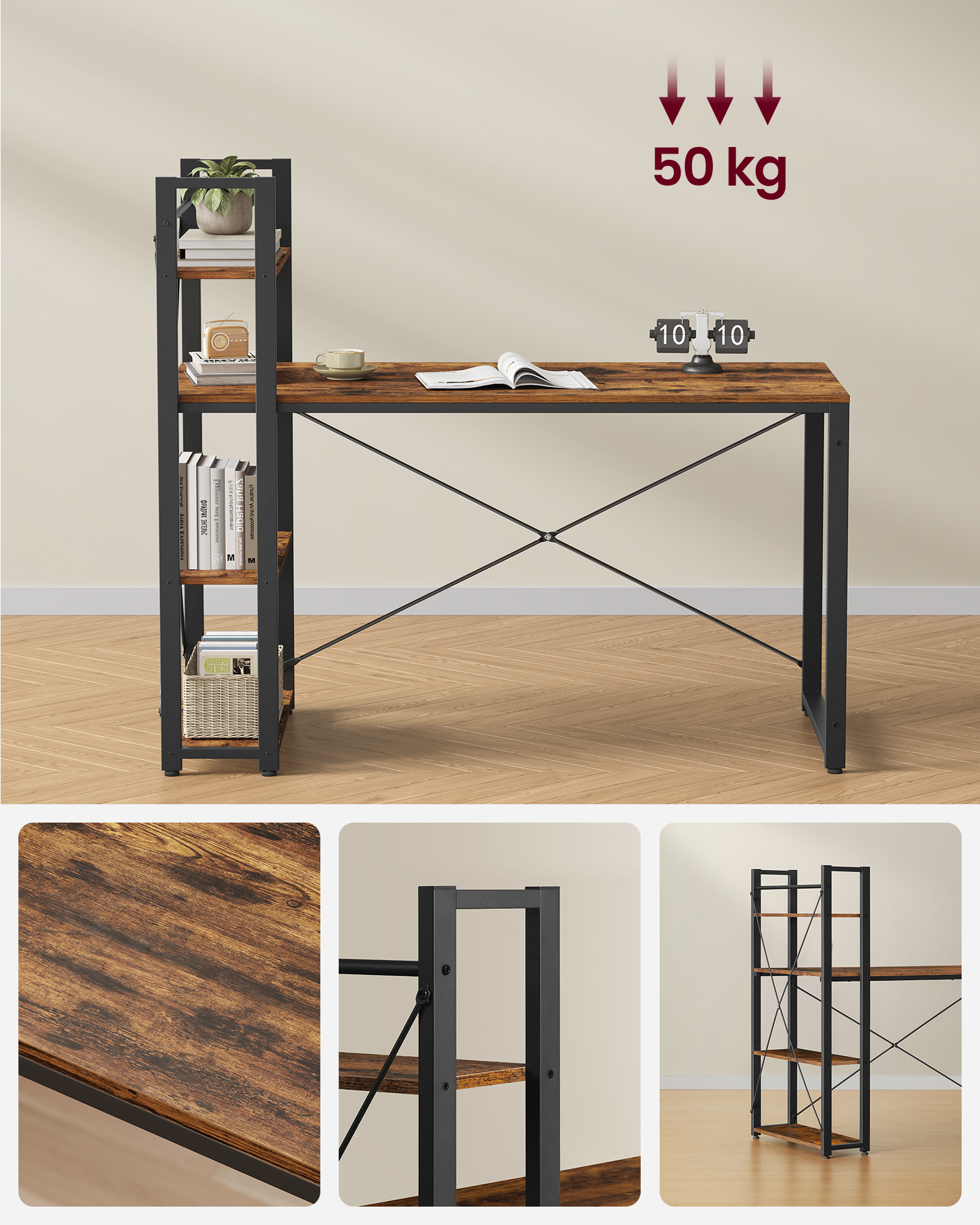 VASAGLE Schreibtisch, Computertisch mit Regalböden rechts oder Links, 137,2 cm breiter Bürotisch, für Arbeitszimmer, Homeoffice