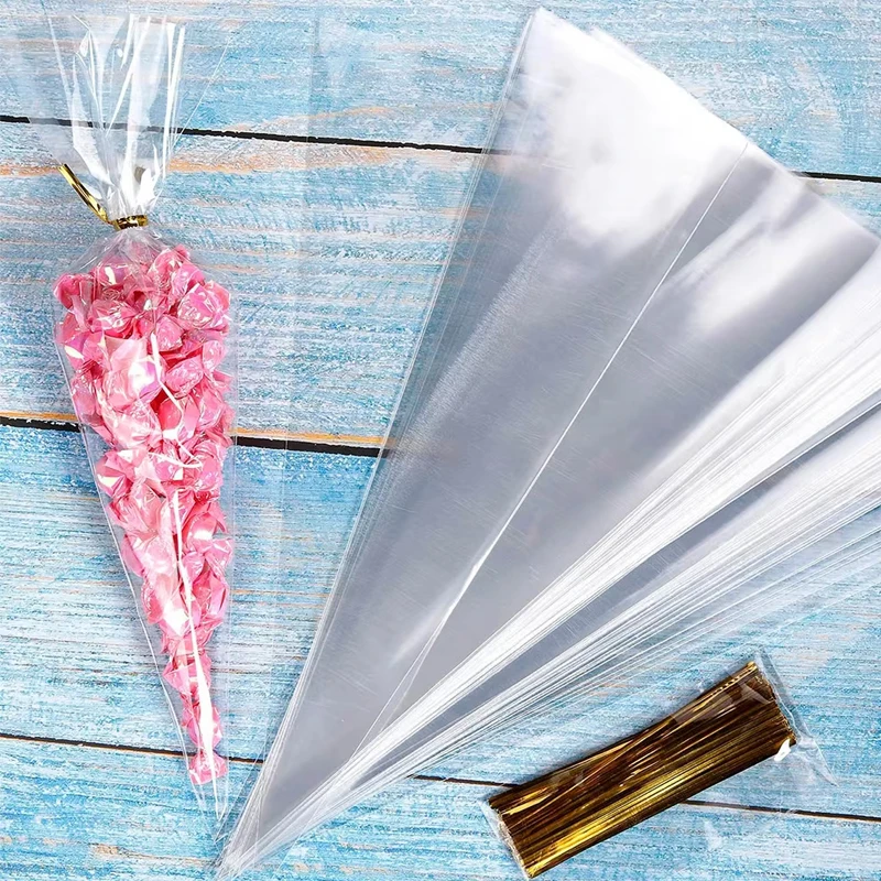50pcs Candy Bags Cellophane Popcorn Bags Cone Cookies Storage Bags with Gold Twist Ties Wedding Birthday Party Favors