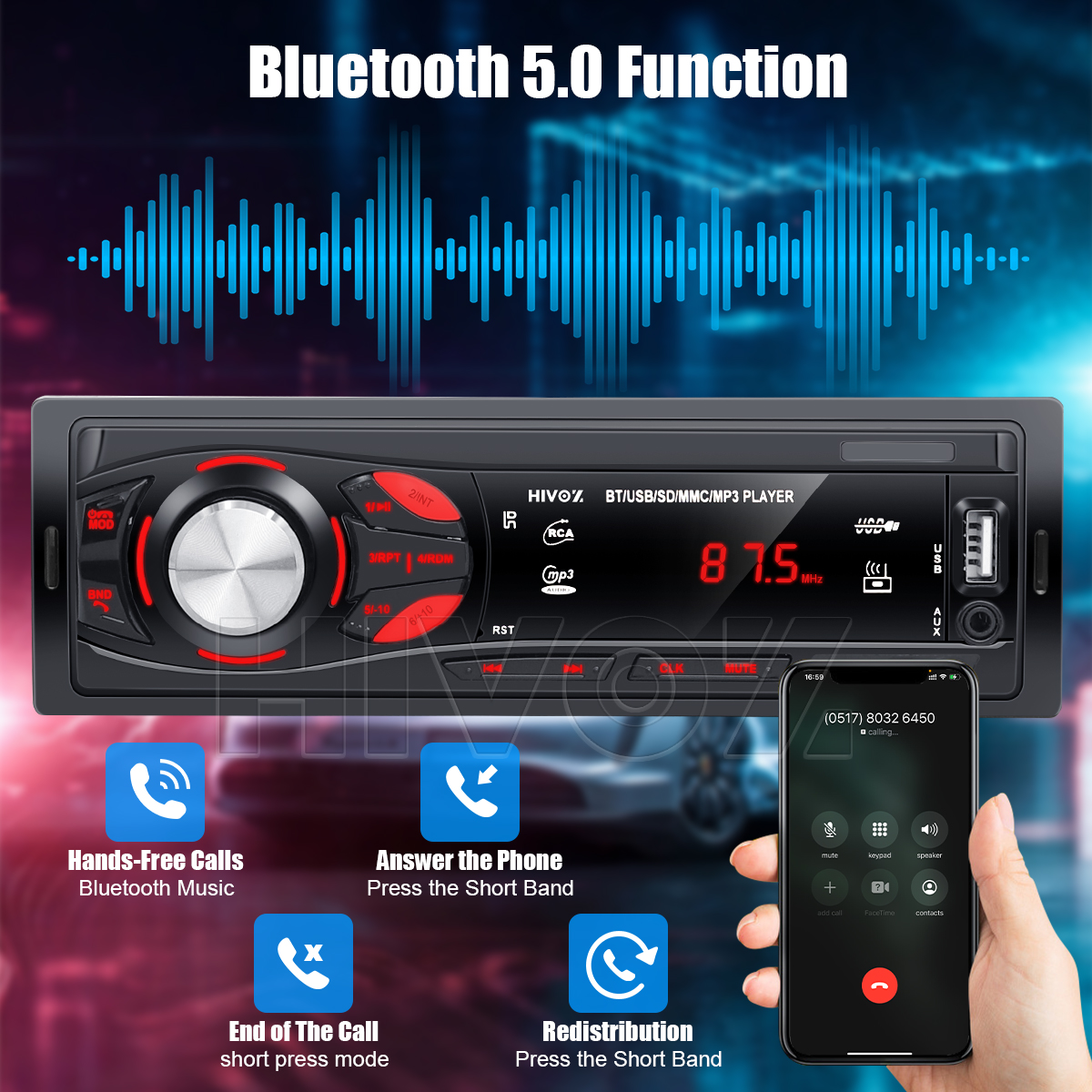 HIVOZ Autoradio Audio 1 Din Bluetooth Stereo Chiamate in vivavoce Lettore MP3 Ricevitore FM con scheda AUX/USB/TF nel kit Dash