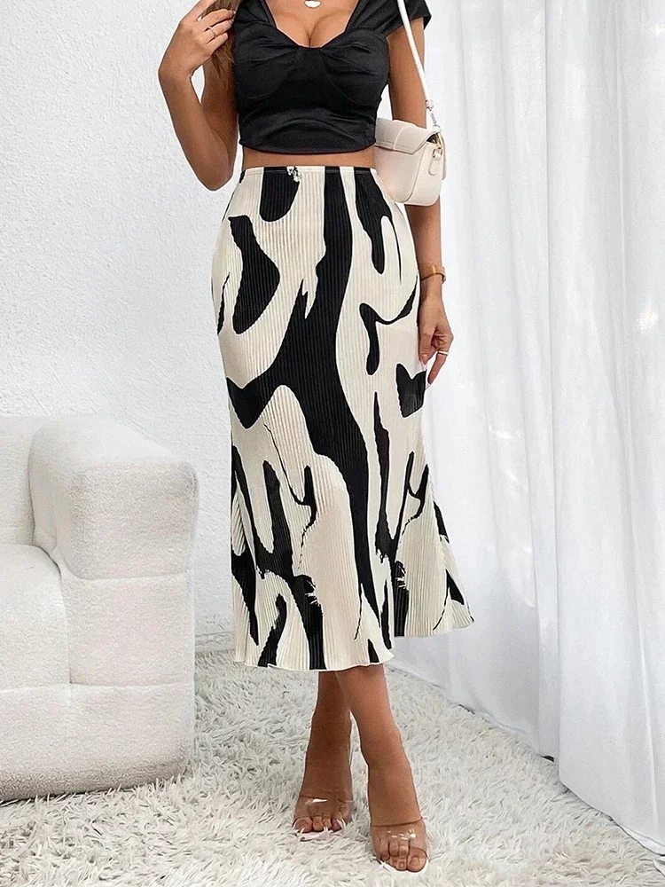 Faldas largas plisadas con estampado gráfico informal elegante para mujer, moda de otoño, falda Midi elástica de cintura alta geométrica, ropa de calle