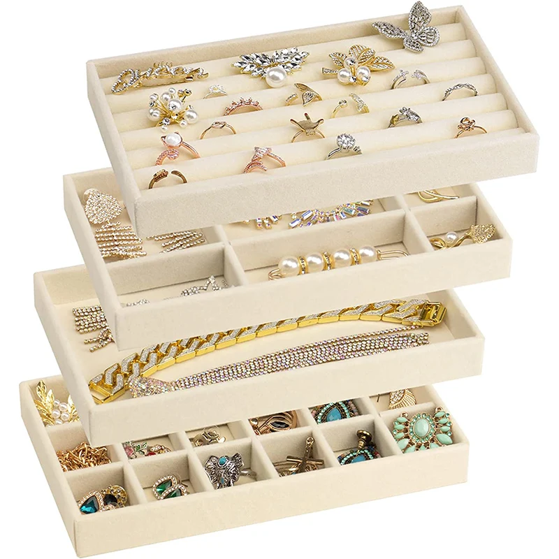 Espositore per gioielli in velluto Porta gioielli squisito Anello portatile Orecchini Collana Organizzatore Scatola di immagazzinaggio Vassoi organizzatore Beige