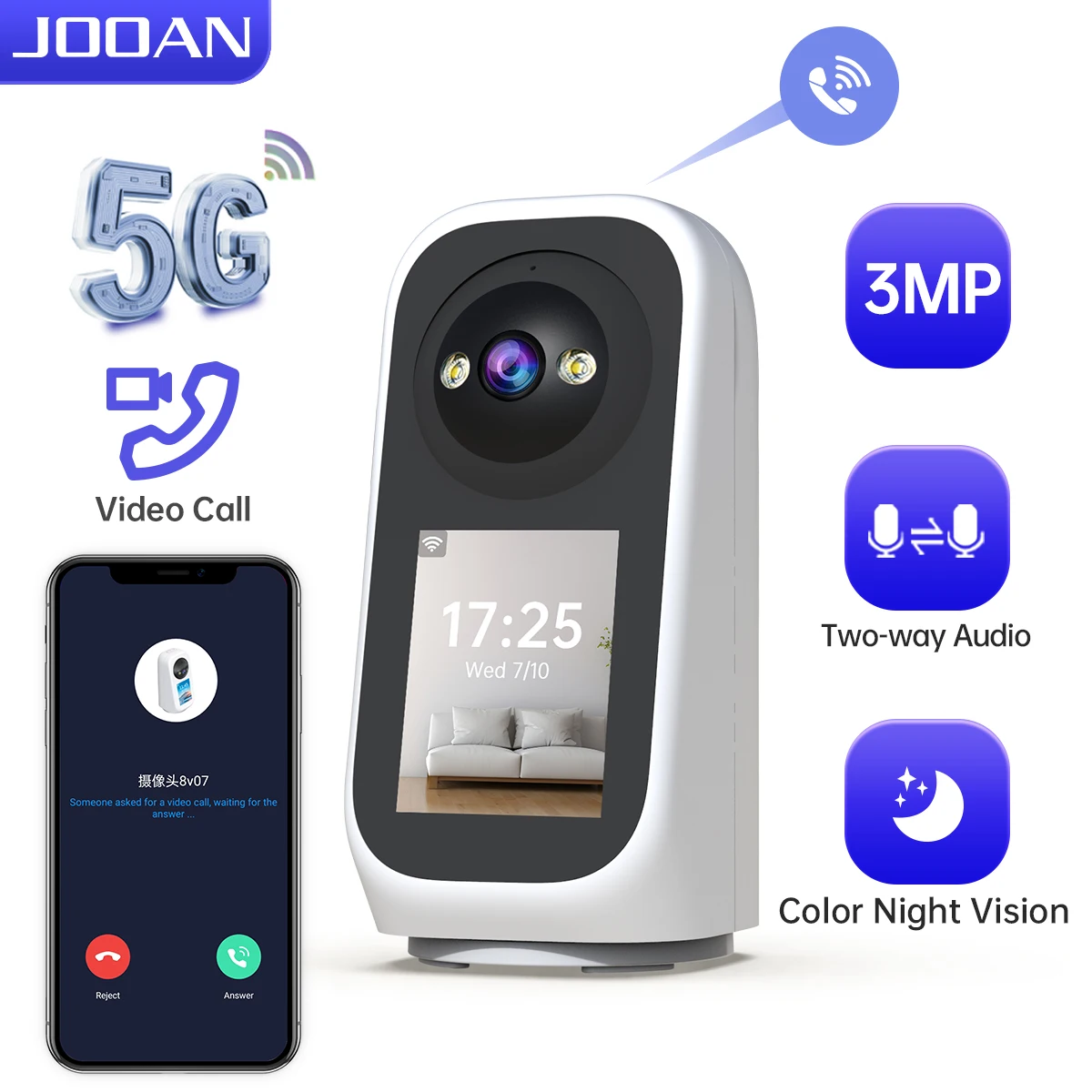 JOOAN 3MP PTZ 5G Wifi cámara HD 2,8 "pantalla táctil Monitor de bebé seguridad inteligente para el hogar Color noche Audio bidireccional cámara IP inalámbrica