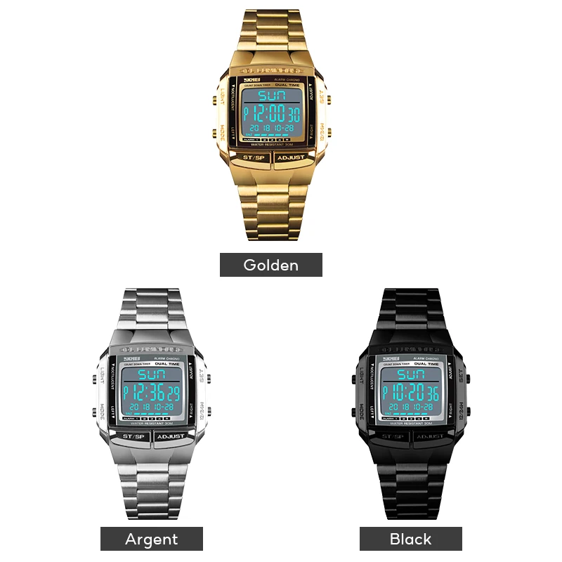 Clearance_SKMEI Mode Hintergrundbeleuchtung Digitale Sportuhr Männer Edelstahlarmband Wecker Countdown Glas Spiegel Armbanduhr