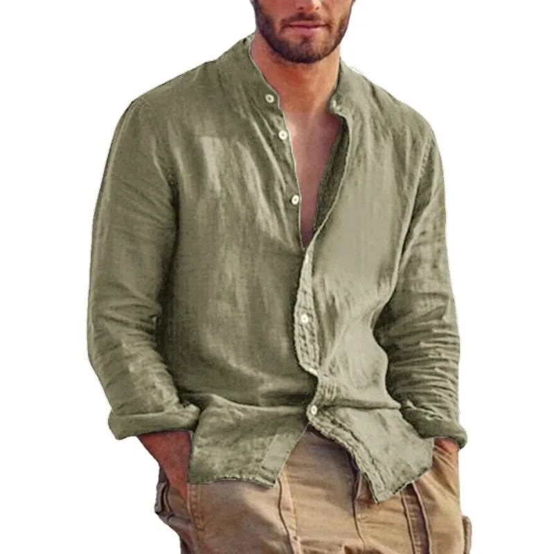 Camicia a maniche lunghe da uomo in lino tinta unita camicie tendenza colletto alla coreana top casual leggeri e traspiranti camicia hawaiana