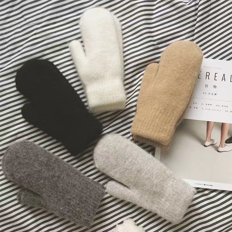 Novas mulheres inverno manter quente mais cashmere sólida elasticidade macio dedos completos luvas imitação de pele de coelho malha bonito