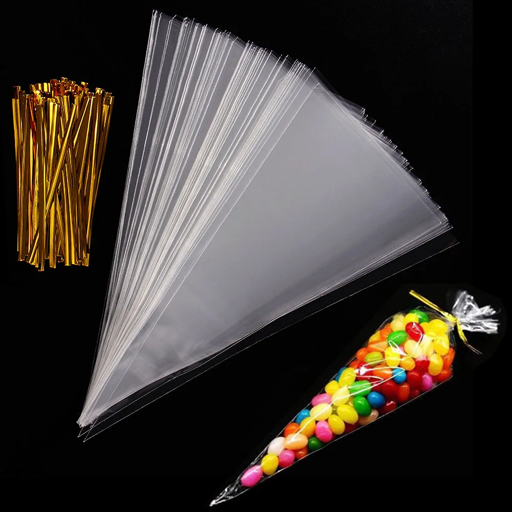 Bolsas de embalaje transparentes para dulces de palomitas de maíz, almacenamiento de cono de celofán, bolsa de plástico, Baby Shower, boda, bolsa de recuerdo de fiesta de cumpleaños