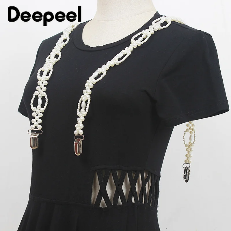 Deepeel New 1Pairs 69*2cm Fashion Pearl Chain Decoration Suspenders Adjustable Trouser Bead Strap Female Waist Corset Braces