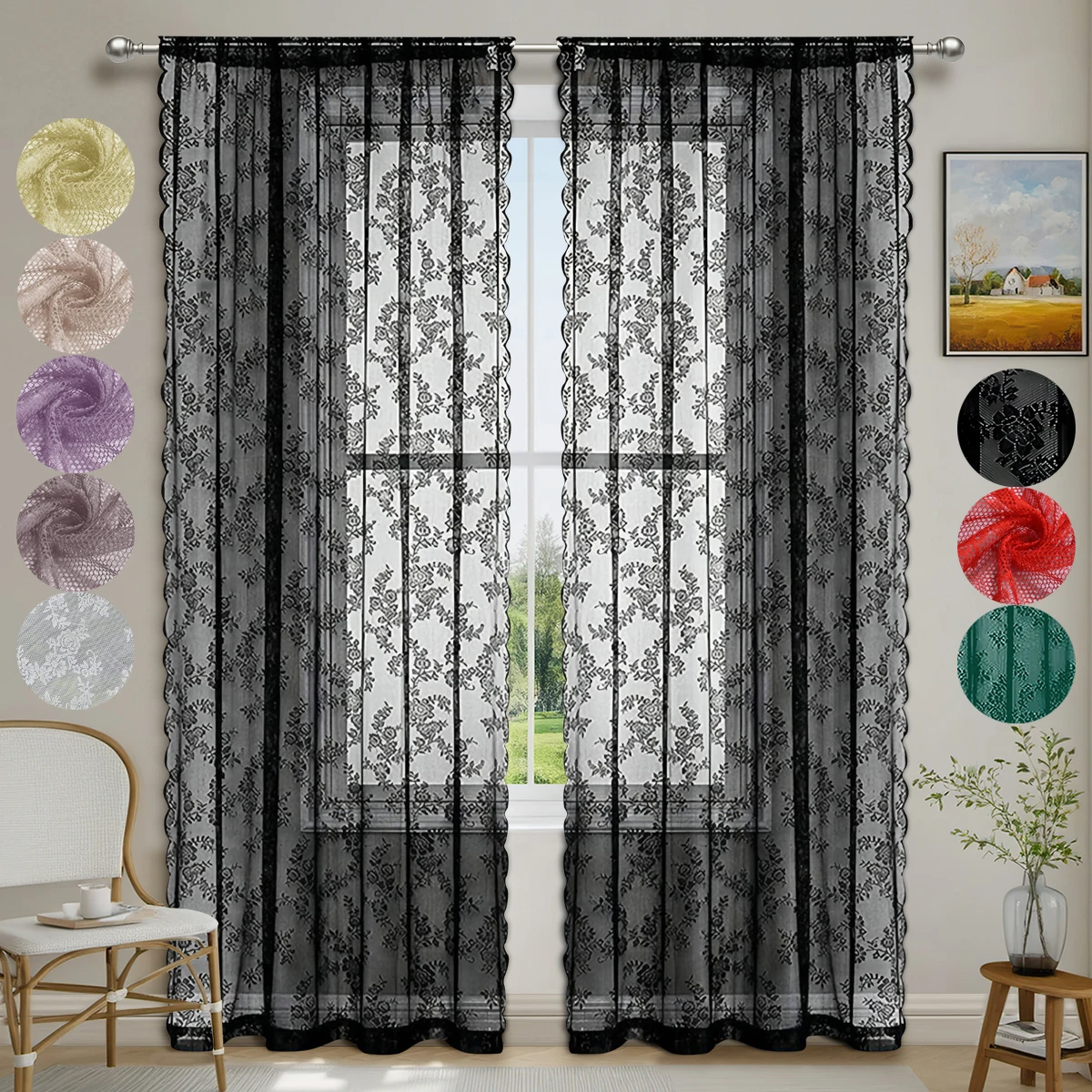 1pc Romantic Lace Sheer Curtain, Flower Lace Window Curtains for Living Room Bedroom Home Decor, Window Screening Rod Pocket