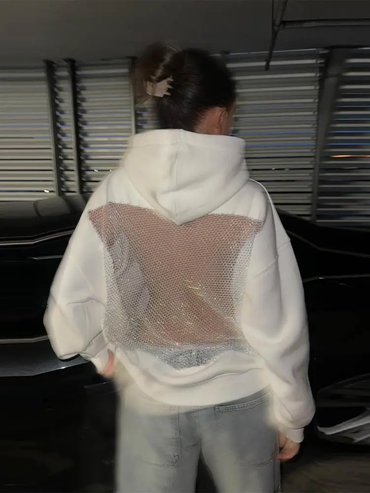 Chique oco para fora jaqueta com capuz para mulheres gótico oco malha sweatsuit sólido emendado streetwears 2025 nova senhora moda y2k outwear