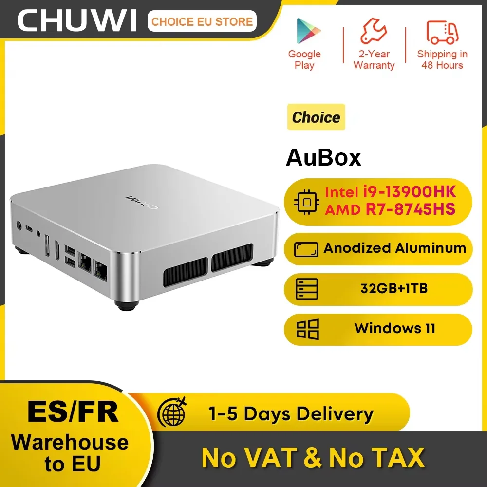 CHUWI AuBox AMD R7 8745HS/Intel i9-13900HK Mini PC 32GB 1TB SSD Windows 11 4K 60Hz pantalla AI-Link WiFi 6 BT 5,1 extender M.2 2T * 2