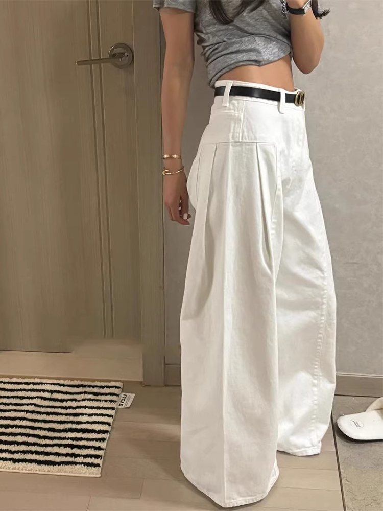 Spring New Chic High Waist Wide Leg Denim Jeans Women's Straight Leg Long Pants Waed Design Slimming Effect Blue Jeans