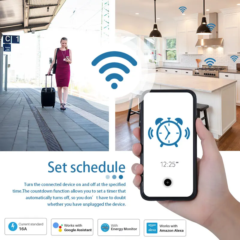 Prise WiFi Tuya avec fonction de moniteur d'alimentation, prise intelligente UE, application Smart Life, télécommande, 20A, prise nous-mêmes avec Alexa, Google Home