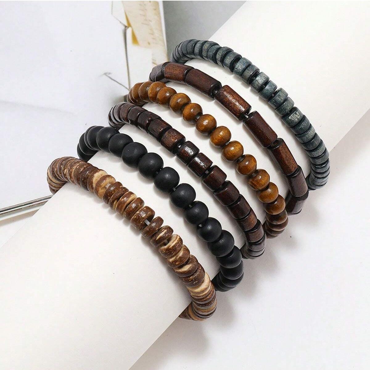 6 uds Wodeen pulsera de cuero envolvente trenzada para hombres cuentas de madera de vida Vintage brazalete masculino de moda