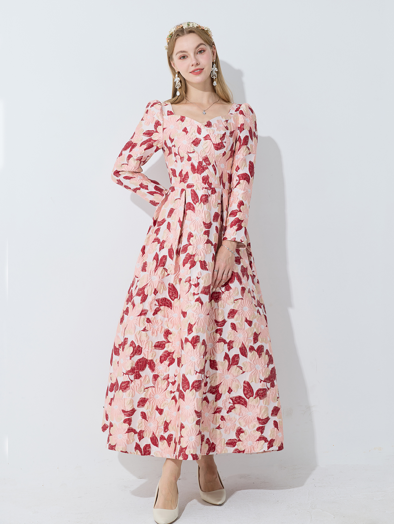 Devchua elegante feminino manga longa maxi vestido boho floral jacquard moda festa roupas casuais vestido de baile