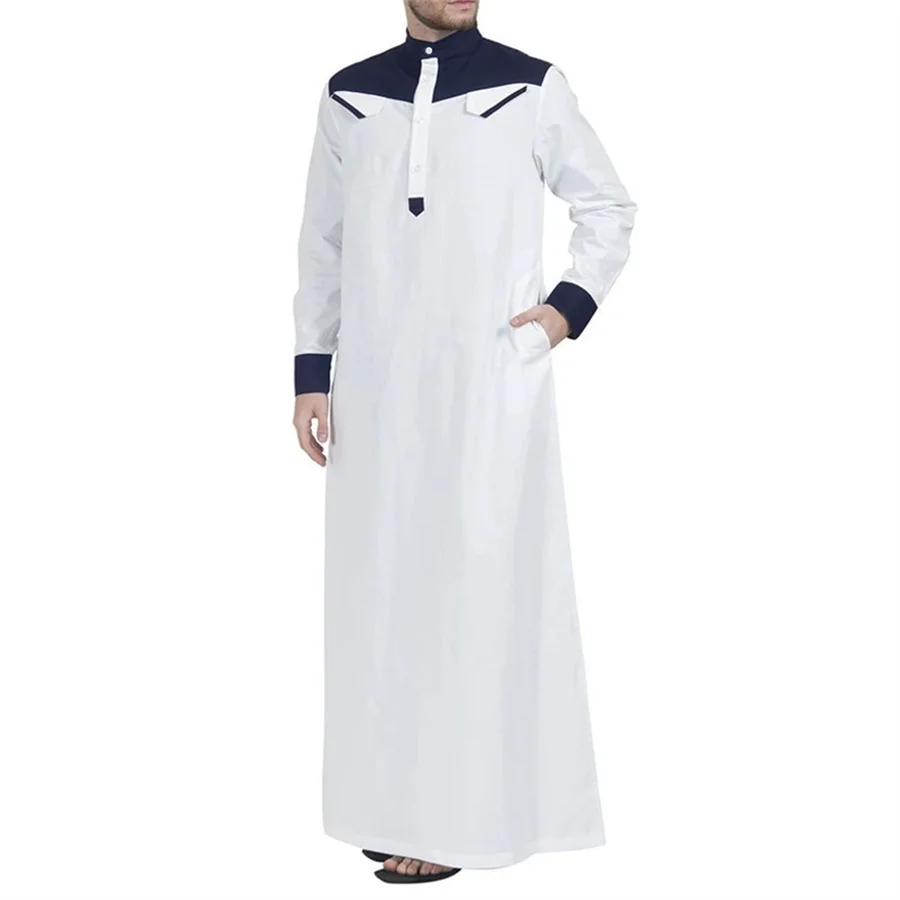 Muslimische Abaya Männer Kaftan Langarm Kontrast Farbe Thobe Islamische Kleidung Gebet Robe für Nahen Osten Stehkragen Langes Kleid