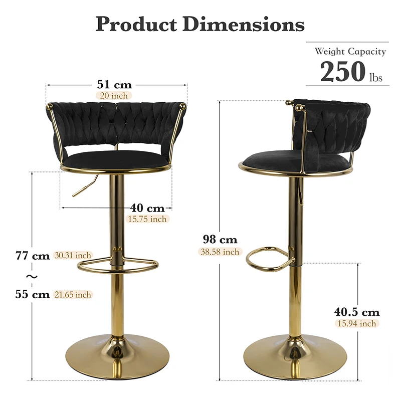 Bar Stools Set of 2, Adjustable Barstools Counter Height Stools with Back and Arm, Velvet Woven Kitchen Island Stools
