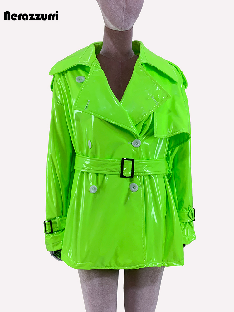 Nerazzurri Lente Herfst Oversized Dunne Glanzende Reflecterende Lakleer Trenchcoat voor Dames Double Breasted Europese Mode