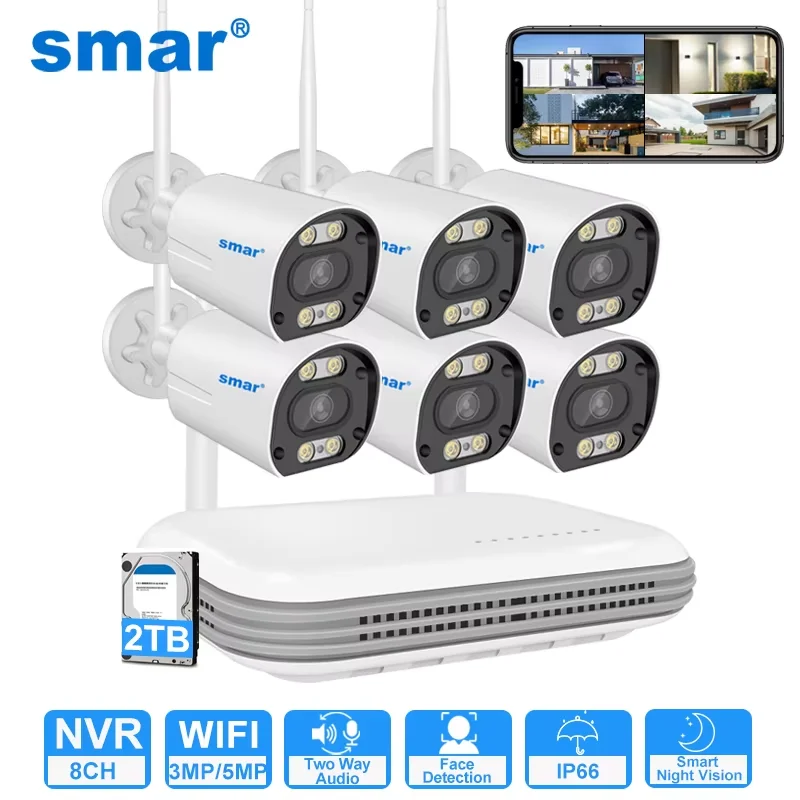 Sistema CCTV inalámbrico Smar, Kit de cámara Wifi, Audio de seguridad HD de 3MP/5MP, detección facial AI, IP 8 canales, NVR, conjunto de videovigilancia ICSEE