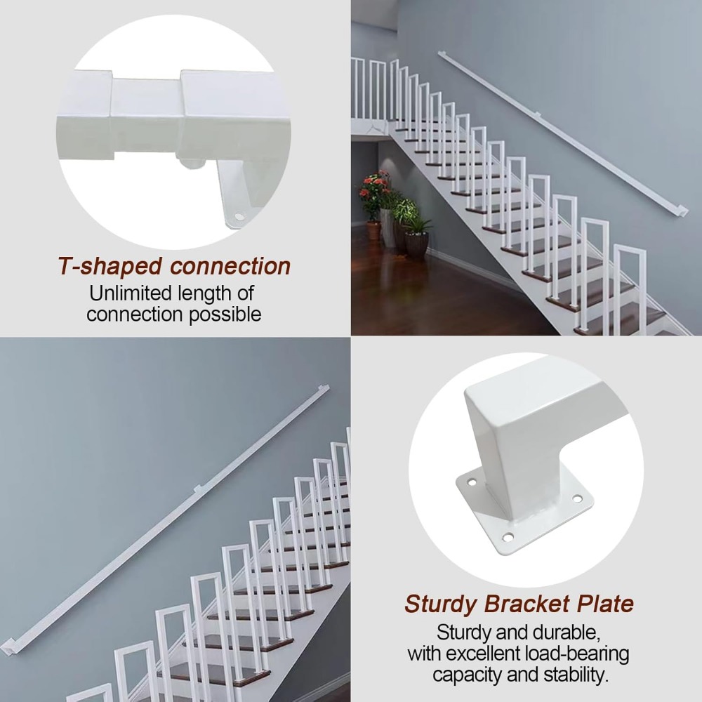 White Industrial Iron Hand Railing, Wall Support Handle for Indoor Stairs & Outdoor Decks, Non-Slip & Rust-Resistant