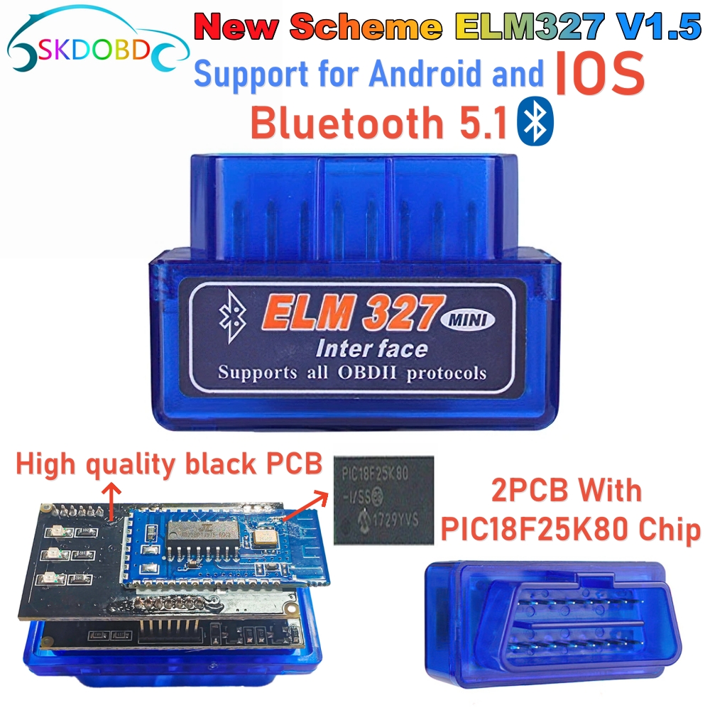 ELM327 Bluetooth 5.1 Mini ELM327 v1.5 avec puce PIC18F25K80 OBD2 Scanner de voiture outil de Diagnostic lecteur de Code pour IOS Android Windows