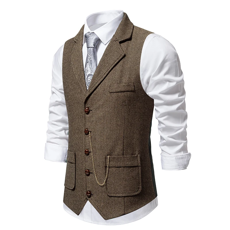 Herren Retro Revers Kette Weste Mode Fischgräten Grob Tweed Taschen Anzug Weste Britischen Casual Vintage Gentleman Freizeit Party