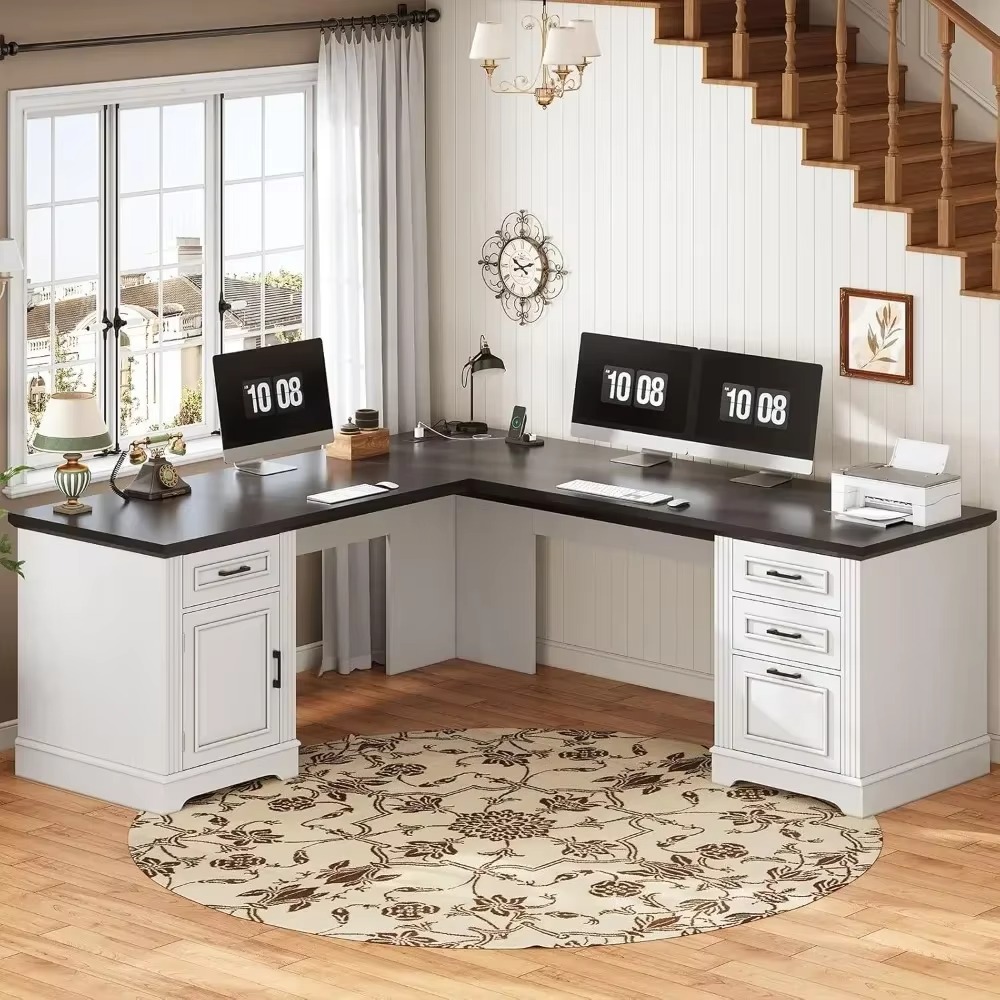 69" Executive L Shaped Desk, Home Office Desk with Drawers and Storage Cabinet & Power Outlet, Corner Computer Desk