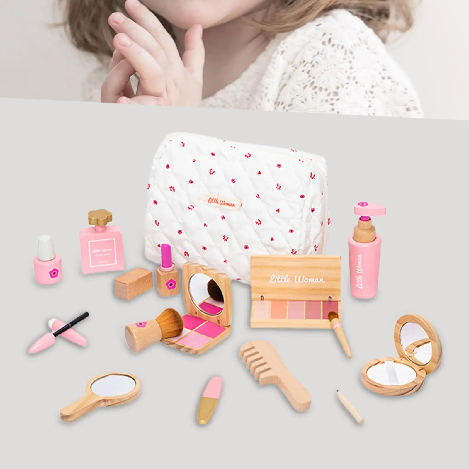 Kits de juguetes de maquillaje, juguetes de maquillaje de madera con bolsa de cosméticos para niñas, juegos de rol, juego de simulación, maquillaje, juego de belleza, regalos de cumpleaños