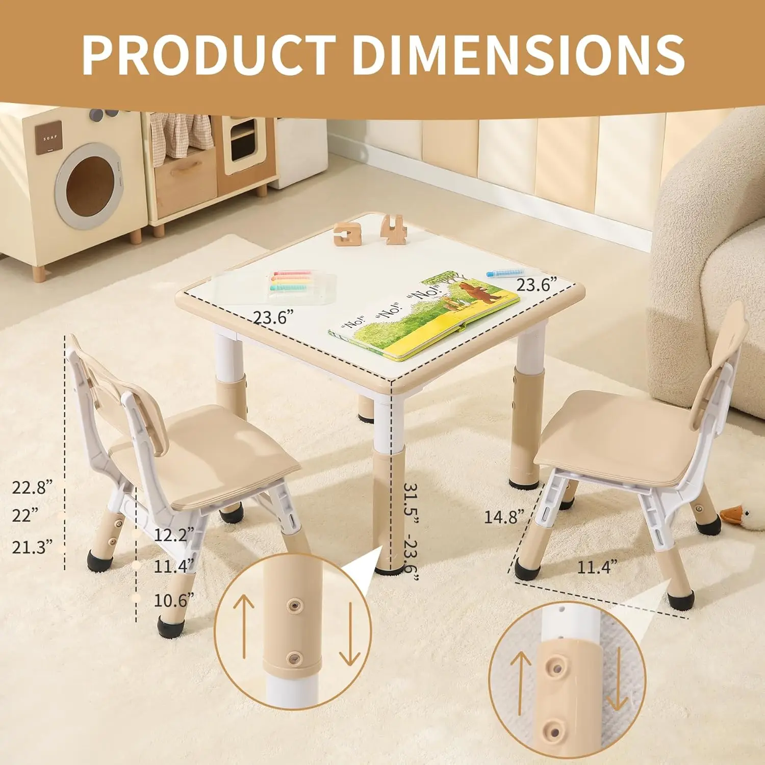 Kids Table and 2 Chairs Set,Height Adjustable Toddler Table and Chairs with Anti-slip Foot Covers,Graffiti Desk for classroom