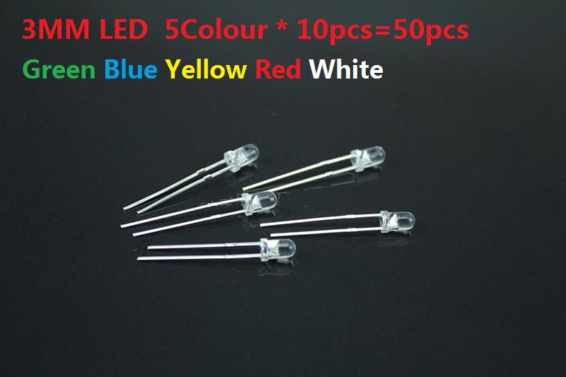 3mm led kit set 5 farbe * 10 stücke = 50 stücke f3 transparent buve grün blau gelb rot weiß sortiert pack diy sortiment