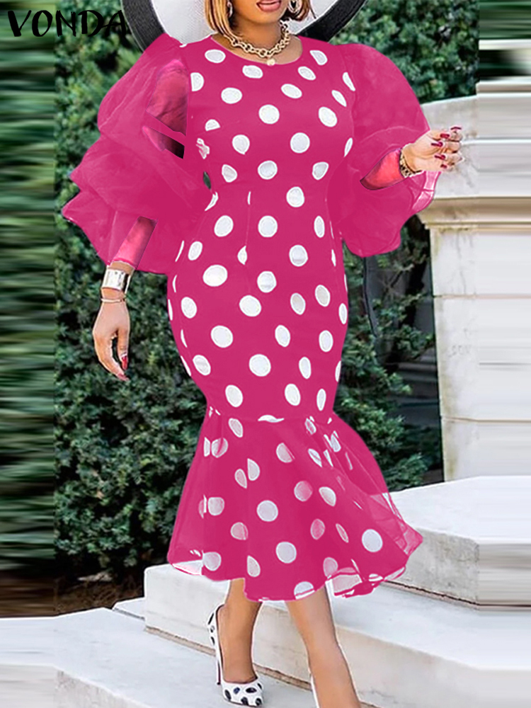 Plus Größe VONDA Frauen Abend Party Midi Kleid Casual Langarm Robe Oansatz Polka Dots Elegante Spitze Patchwork Böhmischen Vestido