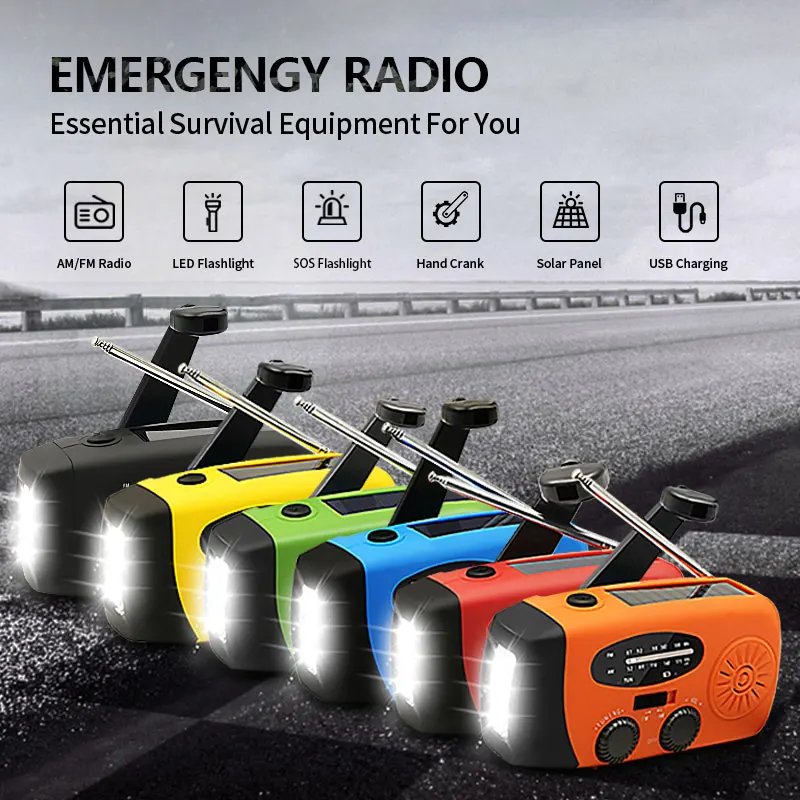 Pequeña radio portátil Radio de emergencia manivela Solar Radio FM 2000mAh banco de energía con carga radio operada por batería