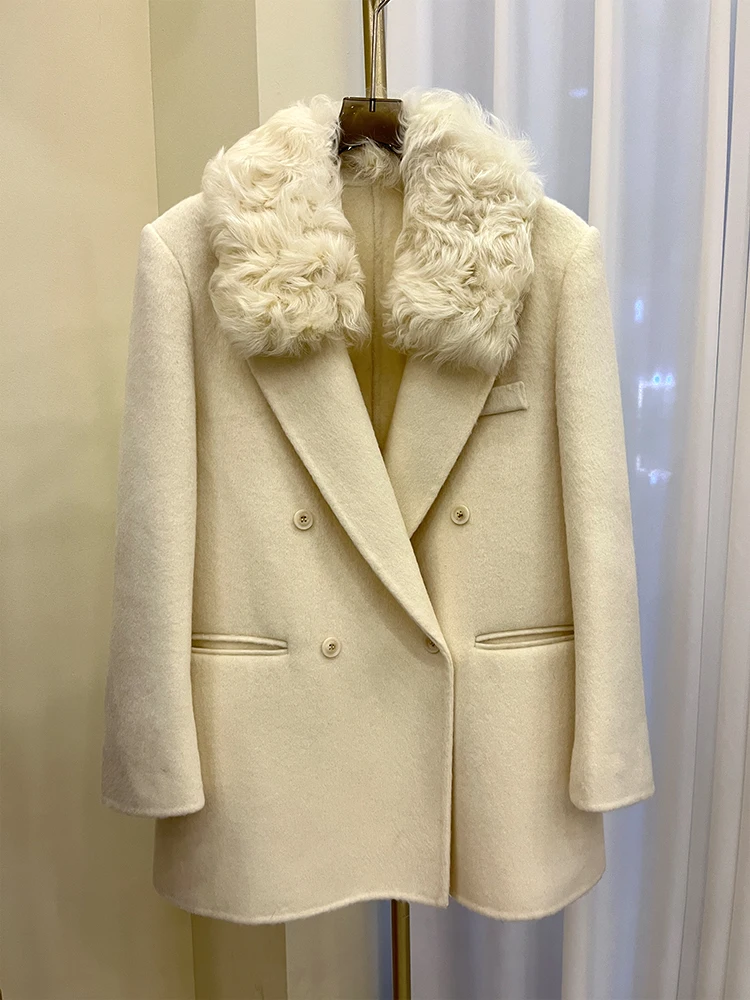 Outono inverno jaqueta de lã de pele natural lã real cordeiro gola de pele de ovelha casaco senhoras outwear feminino cashmere jaqueta de luxo