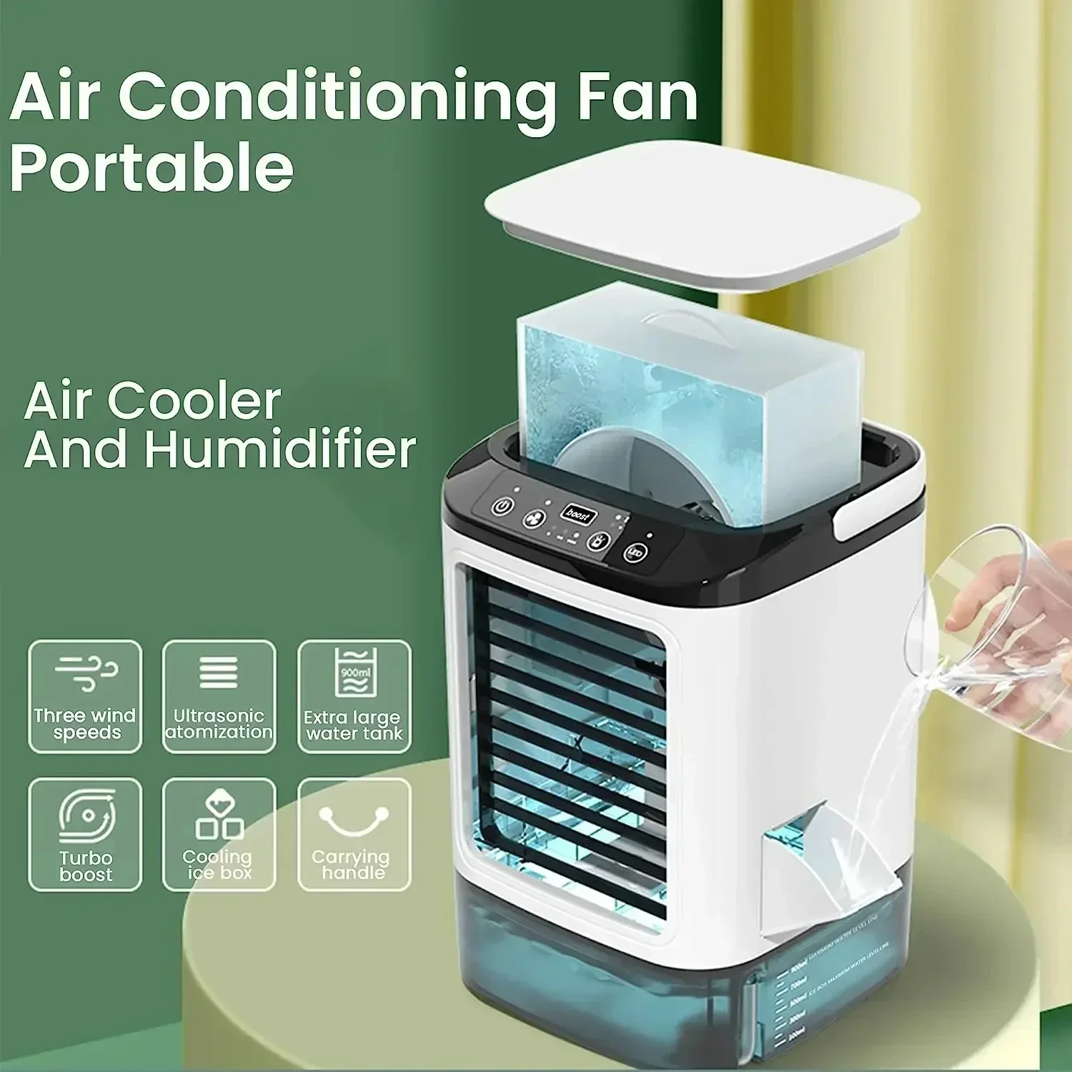 Tragbarer USB-Klimaanlagenventilator, Mini-3-Gang-Desktop-Kühlventilator für Zuhause, LED-Nachtlampe, Luftkühler für Zimmer, Büro, Camping